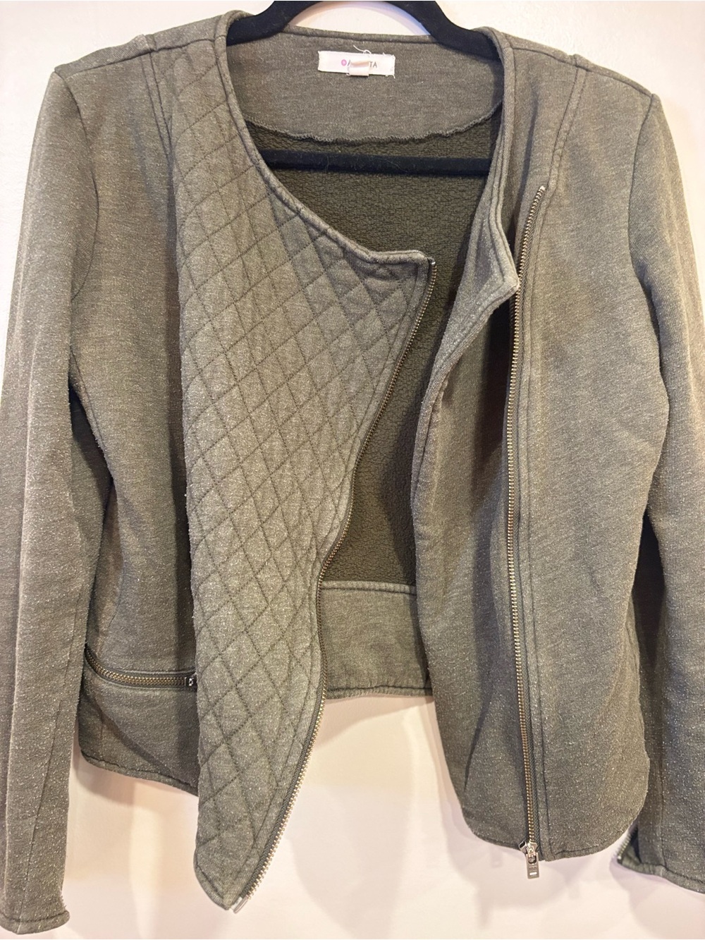 Athleta Belvedere Moto Jacket Olive Green Asymmetrical Zip Quilted Womens Medium - Picture 6 of 9